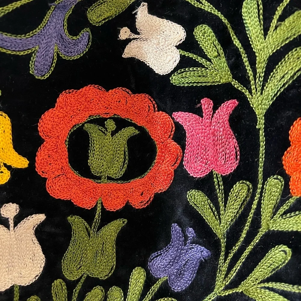 Vintage velvet Black Floral Embroidered Tote Bag - Colorful Flower Design